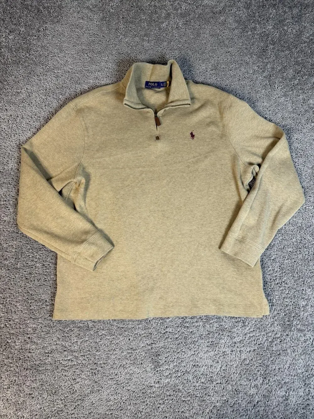 Polo Ralph Lauren Sweater Mens XL Beige Mock Neck 1/4 Zip Cotton Pullover